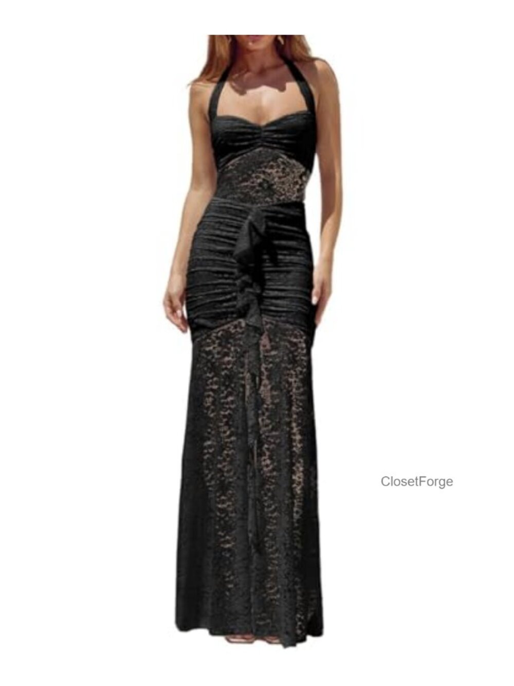 Womens Lace Halter Backless Maxi Dress High Slit Ruched Party Long Dress